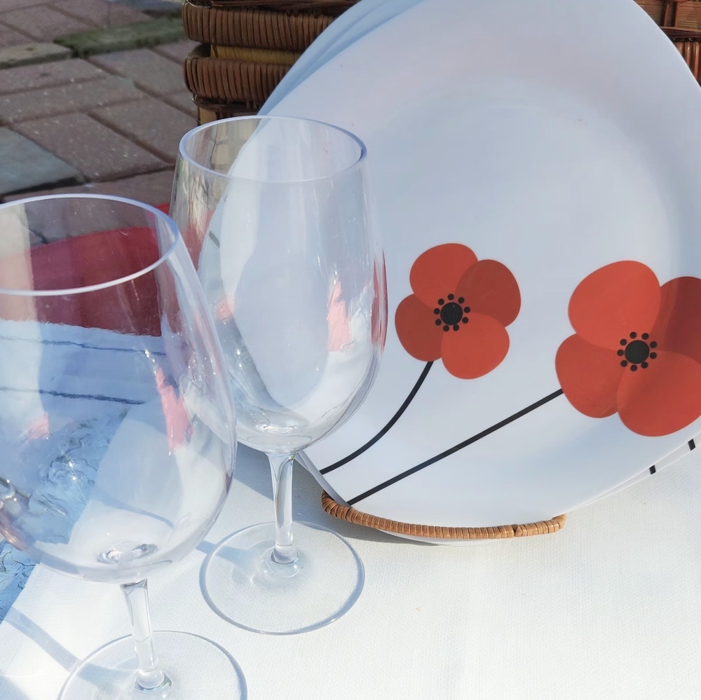 4 PLASTIC WINE GLASSES AND 4 MELAMINE WARE PLATES